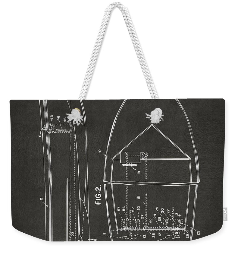 Chris Craft Weekender Tote Bag featuring the digital art 1943 Chris Craft Boat Patent Artwork - Gray by Nikki Marie Smith