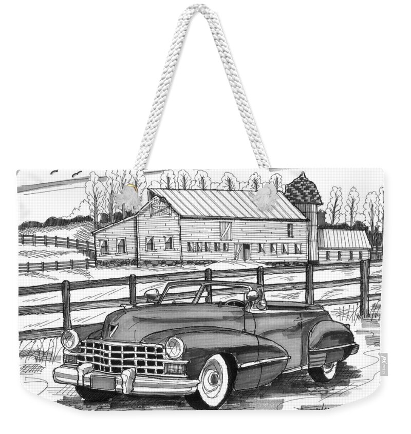 1947 Cadillac Model 52 Weekender Tote Bag featuring the drawing 1947 Cadillac Model 52 by Richard Wambach