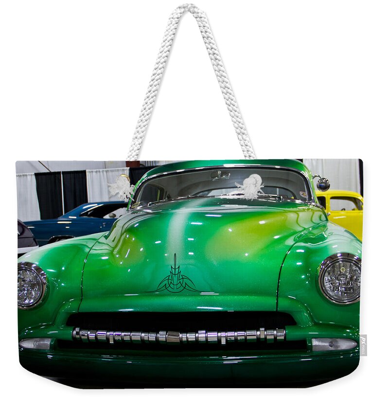Green Weekender Tote Bag featuring the photograph 1952 Chevrolet coupe-green popsicle by Eti Reid