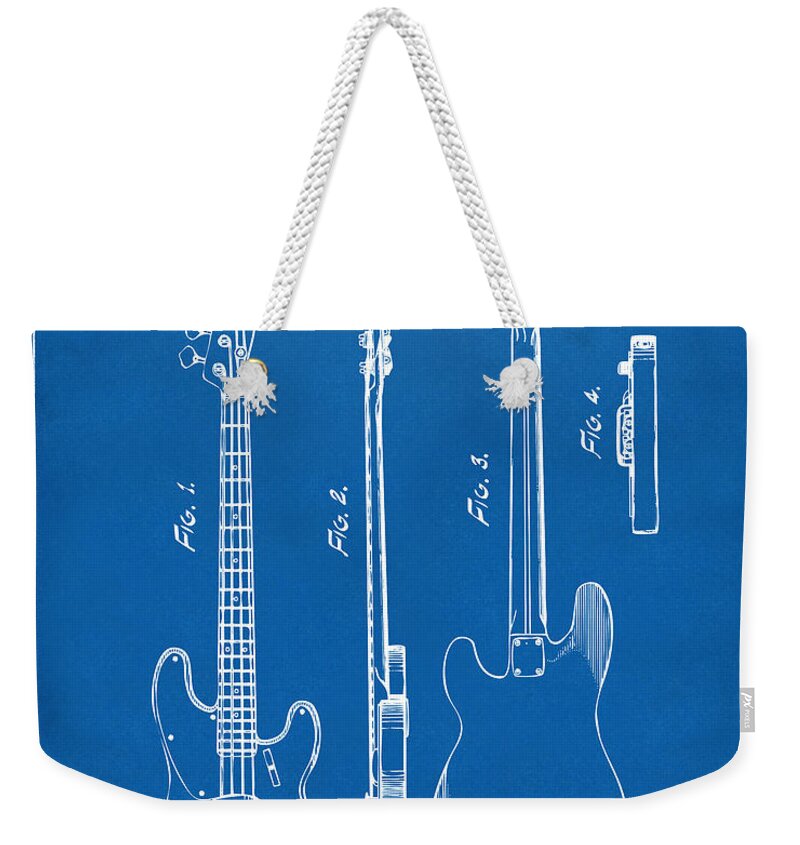 Fender Guitar Weekender Tote Bag featuring the drawing 1953 Fender Bass Guitar Patent Artwork - Blueprint by Nikki Marie Smith