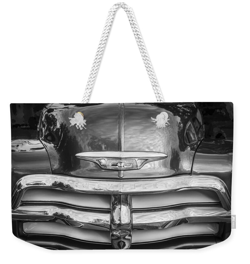 Hood Ornament Weekender Tote Bag featuring the photograph 1955 Chevrolet First Series BW by Rich Franco