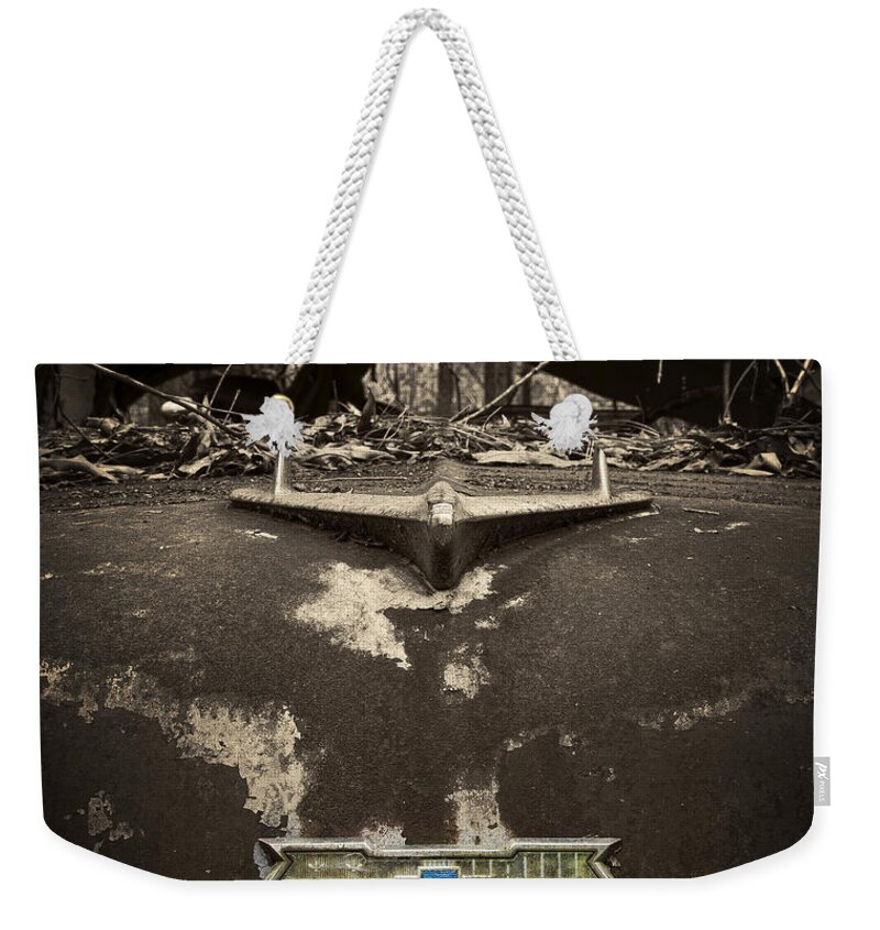 1956 Weekender Tote Bag featuring the photograph 1956 Chevrolet Rust Bucket Sepia Toned by Ken Johnson