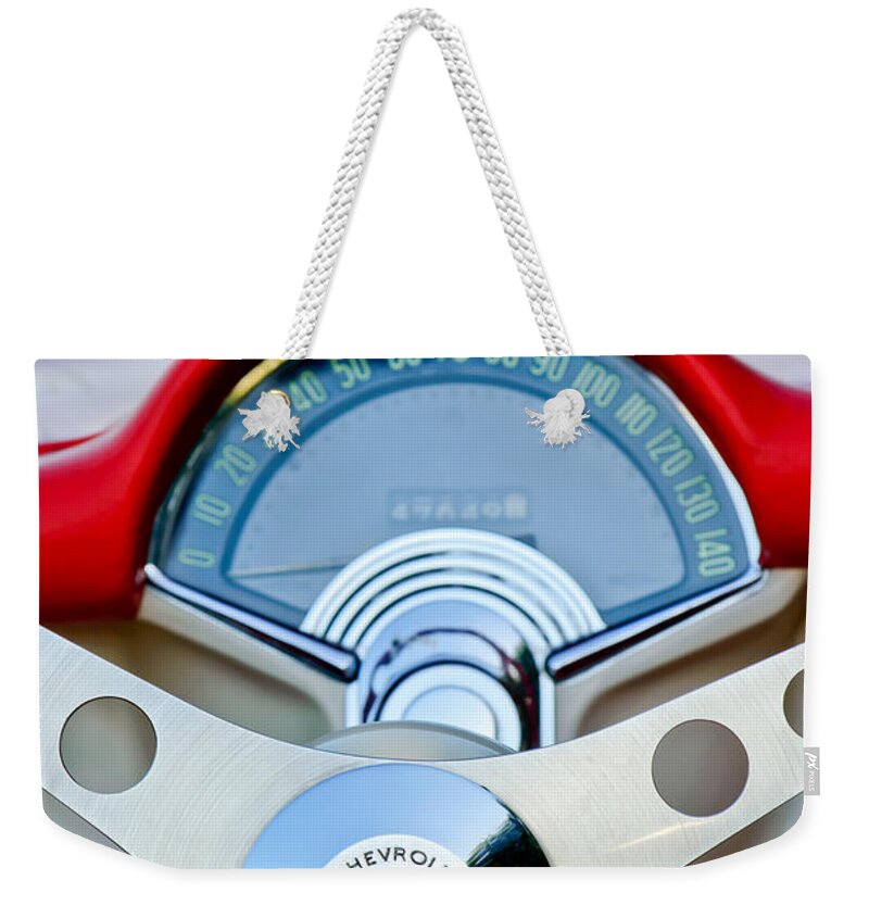 Car Weekender Tote Bag featuring the photograph 1957 Chevrolet Corvette Convertible Steering Wheel by Jill Reger