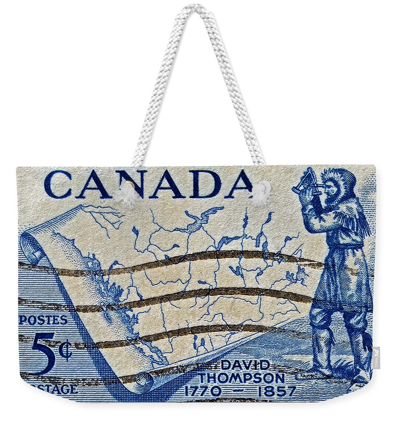 1957 Weekender Tote Bag featuring the photograph 1957 David Thompson Canada Stamp by Bill Owen