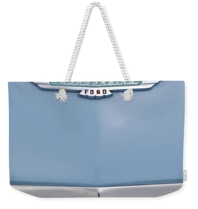 1957 Ford Thunderbird Weekender Tote Bag featuring the photograph 1957 Ford Thunderbird Hood Ornament 2 by Jill Reger