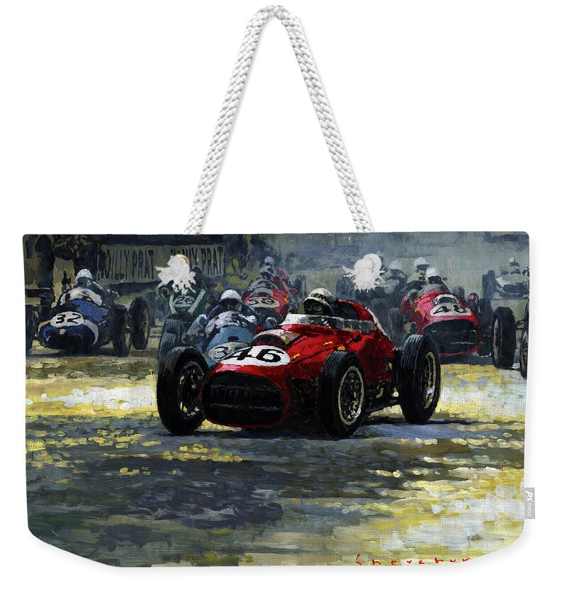Acrilic Weekender Tote Bag featuring the painting 1959 Monaco GP #46 Ferrari D246 Jean Behra by Yuriy Shevchuk