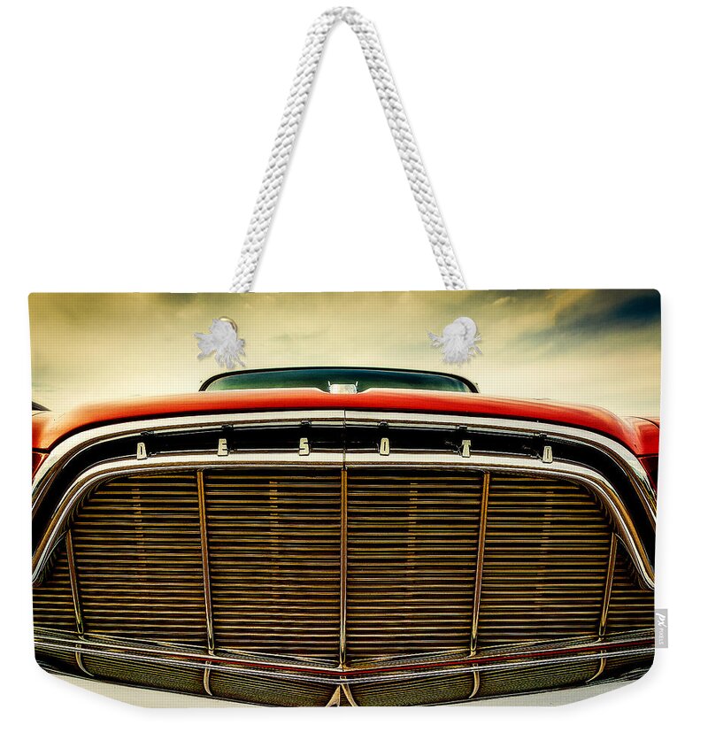 Chrysler Weekender Tote Bag featuring the photograph 1960 Desoto Fireflite Coupe Grill by Jon Woodhams