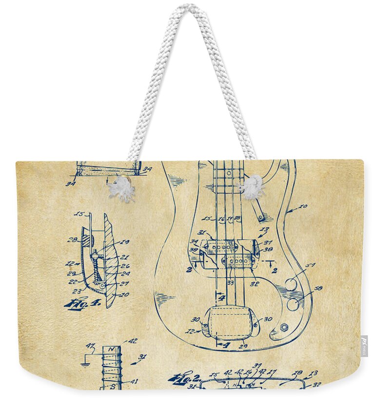 Guitar Weekender Tote Bag featuring the digital art 1961 Fender Guitar Patent Artwork - Vintage by Nikki Marie Smith