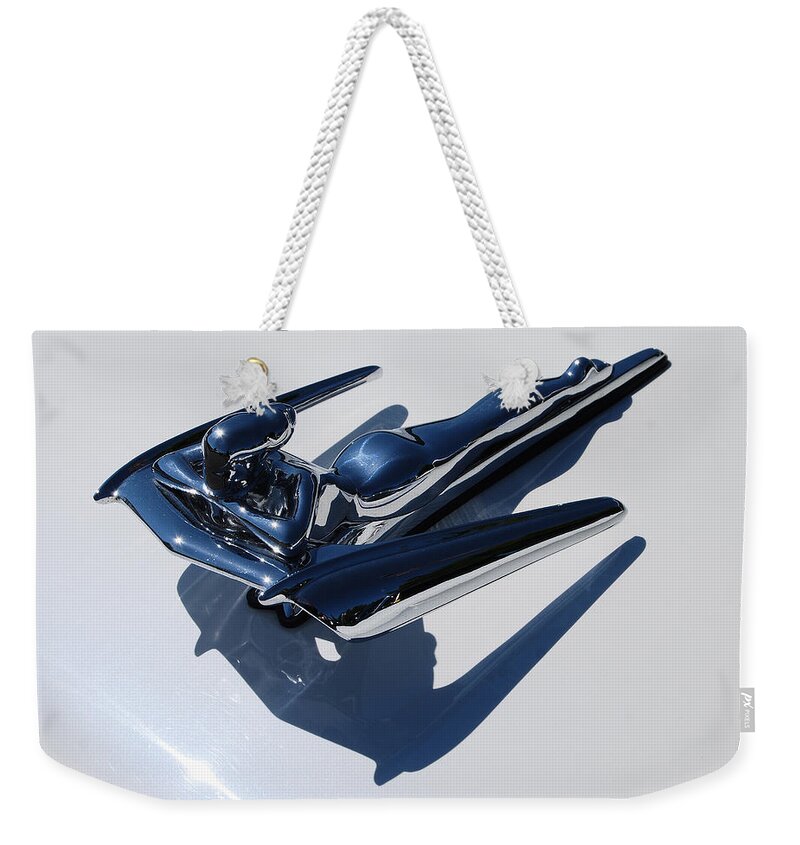 Hood Ornament Weekender Tote Bag featuring the photograph 1961 Nash Winged Goddess Metropolitan Coupe Hood Ornament by Jani Freimann