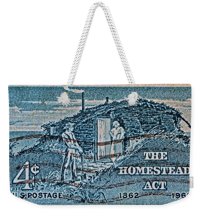 1962 Weekender Tote Bag featuring the photograph 1962 Homestead Act Stamp by Bill Owen
