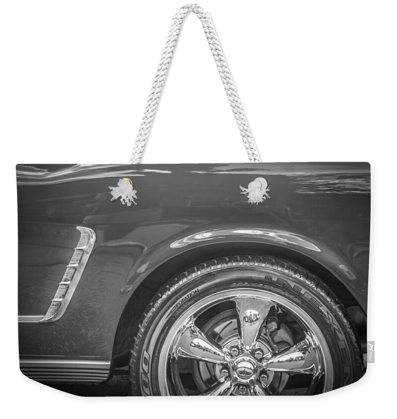 1965 Mustang Weekender Tote Bag featuring the photograph 1965 Ford Mustang 2 plus 2 BW by Rich Franco