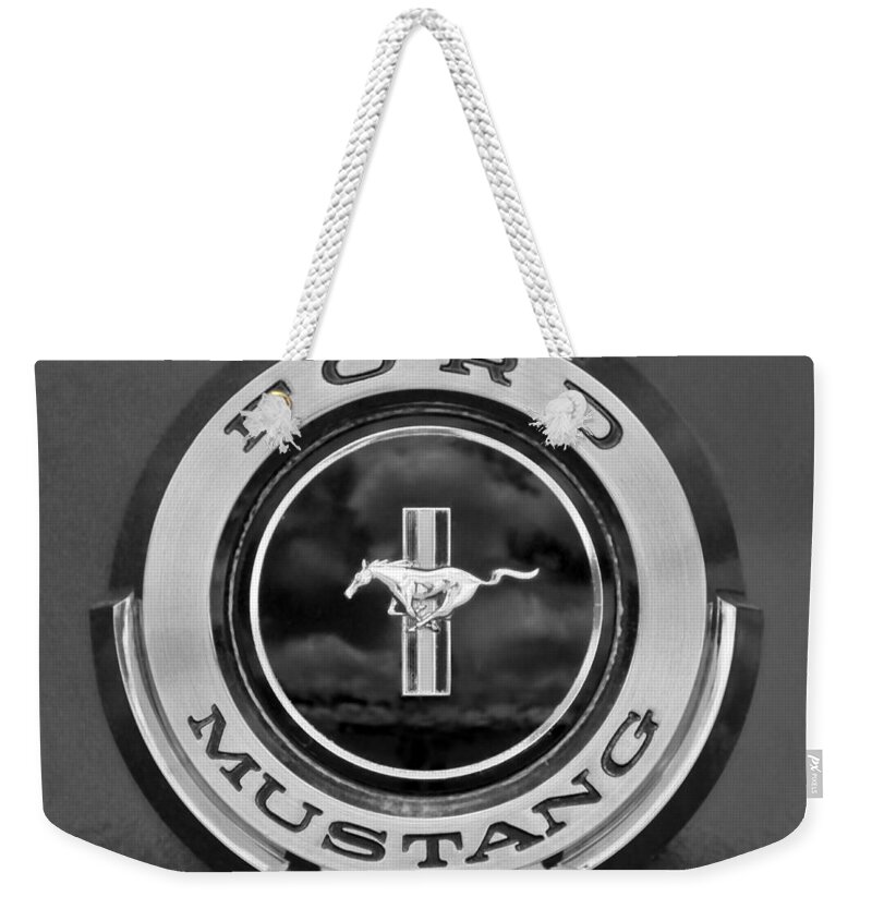 1966 Ford Mustang Weekender Tote Bag featuring the photograph 1966 Ford Mustang Shelby Gt 350 Emblem Gas Cap -0295BW by Jill Reger