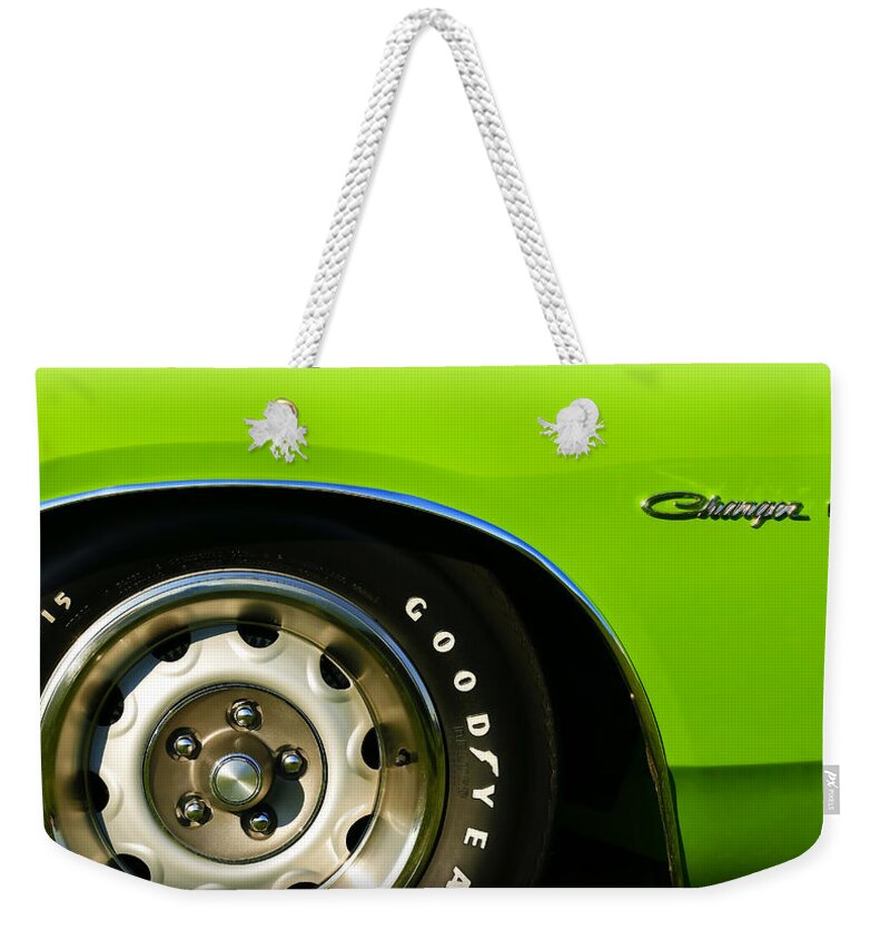  Weekender Tote Bag featuring the photograph 1971 Dodge Charger in Sassy Grass Green by Gordon Dean II