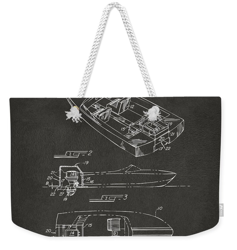 Chris Craft Weekender Tote Bag featuring the digital art 1972 Chris Craft Boat Patent Artwork - Gray by Nikki Marie Smith