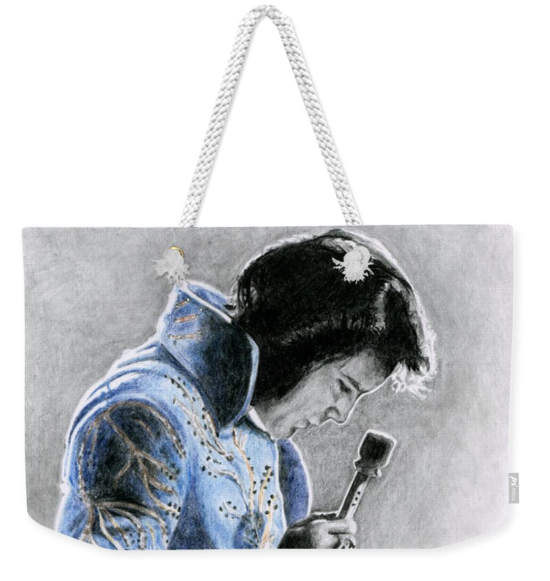 Elvis Weekender Tote Bag featuring the drawing 1972 Light Blue Wheat Suit by Rob De Vries