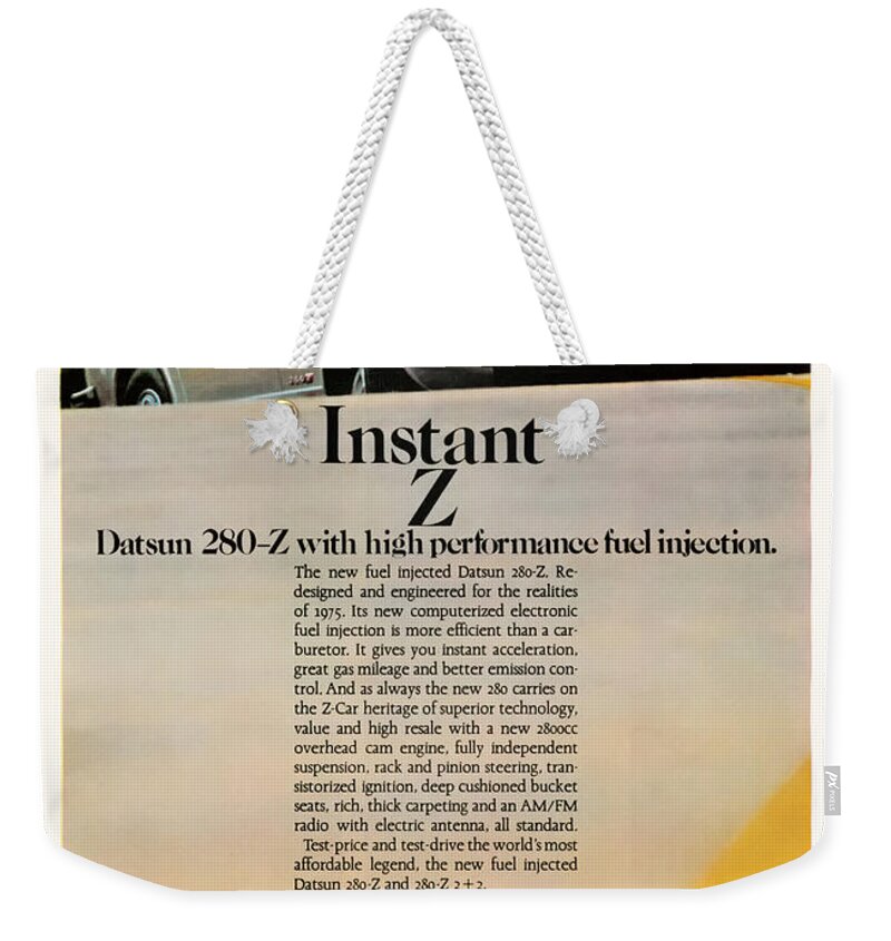 Old Weekender Tote Bag featuring the digital art 1975 Datsun 280 Z by Georgia Clare