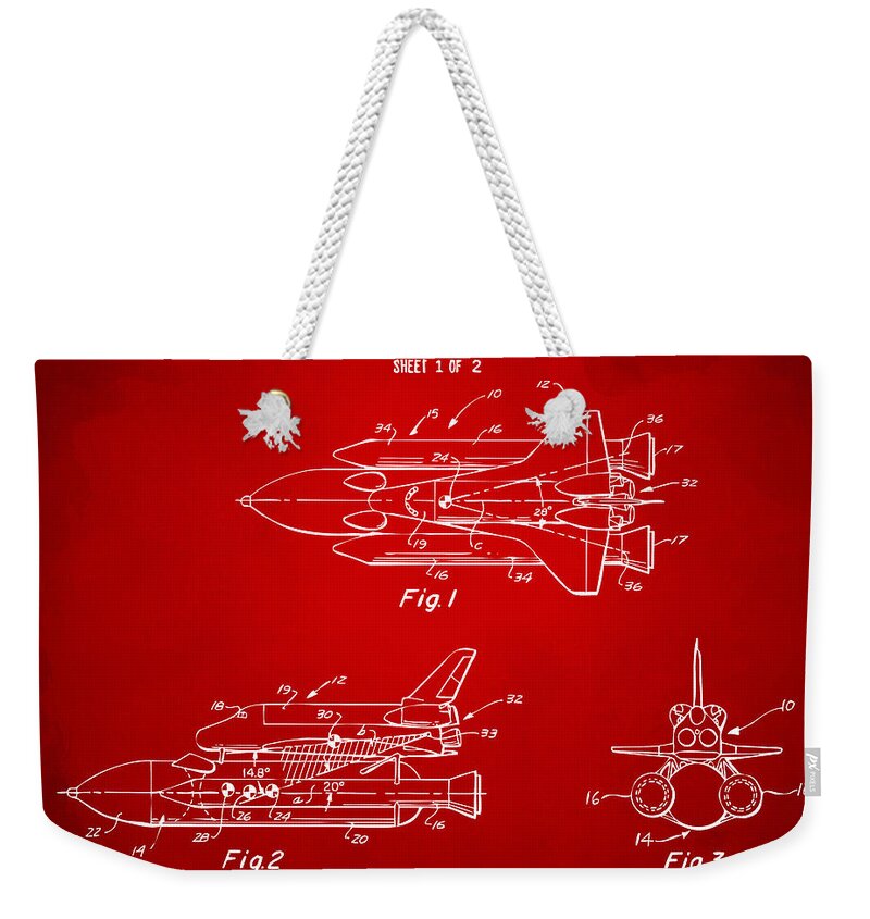 Space Ship Weekender Tote Bag featuring the digital art 1975 Space Shuttle Patent - Red by Nikki Marie Smith