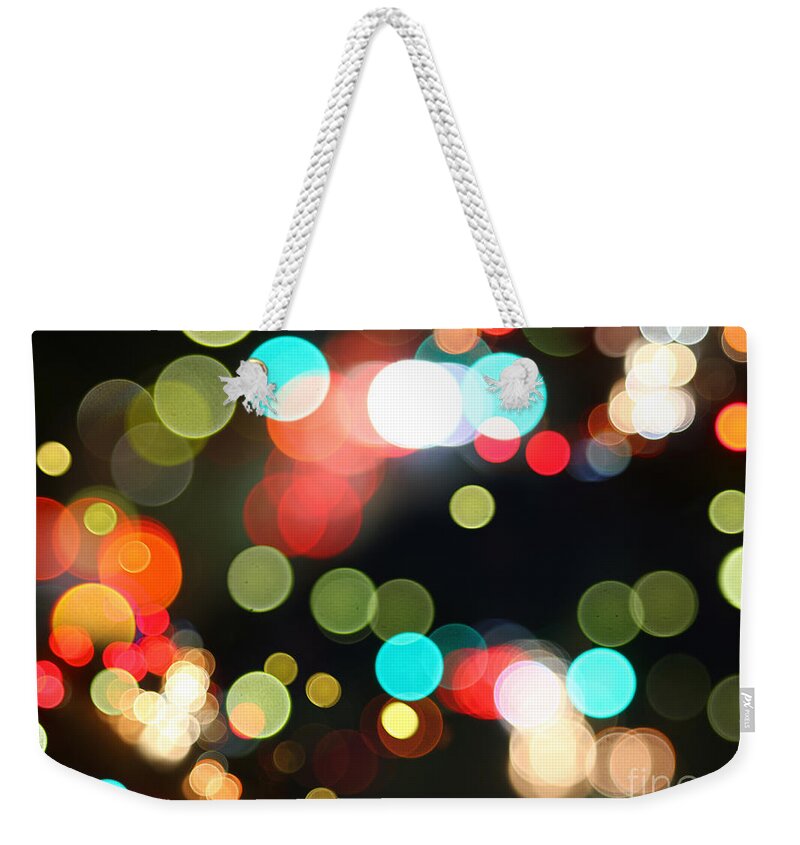 Red Weekender Tote Bag featuring the photograph Abstract Colorful Round Bokeh Lights #3 by Beverly Claire Kaiya