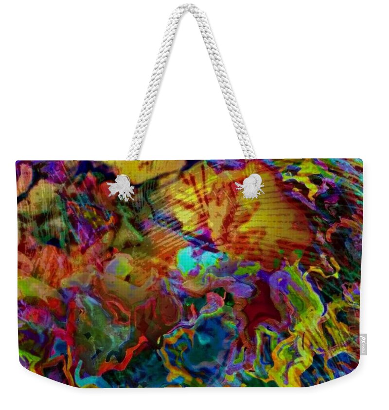 Sharkcrossing Weekender Tote Bag featuring the digital art H Abstract Fronds in Jewel Tones - Horizontal by Lyn Voytershark