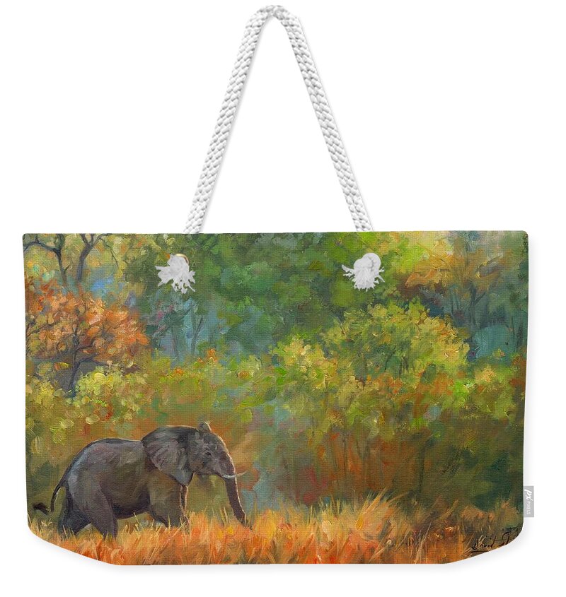 African Elephant Weekender Tote Bag featuring the painting African Elephant #3 by David Stribbling