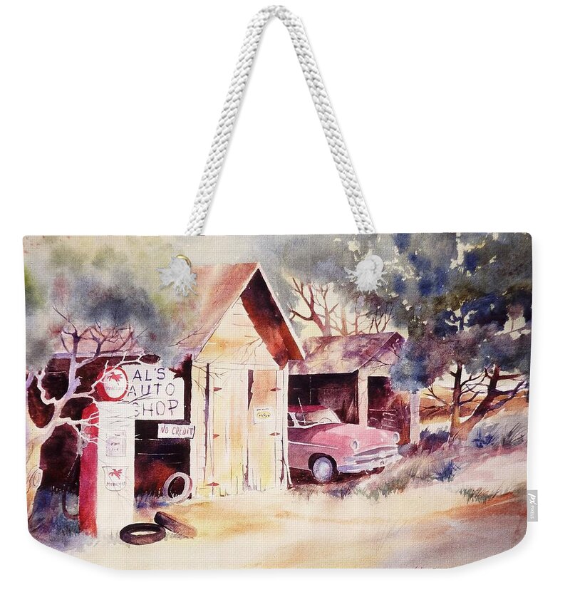 John Svenson Weekender Tote Bag featuring the painting Al's Auto Shop #2 by John Svenson