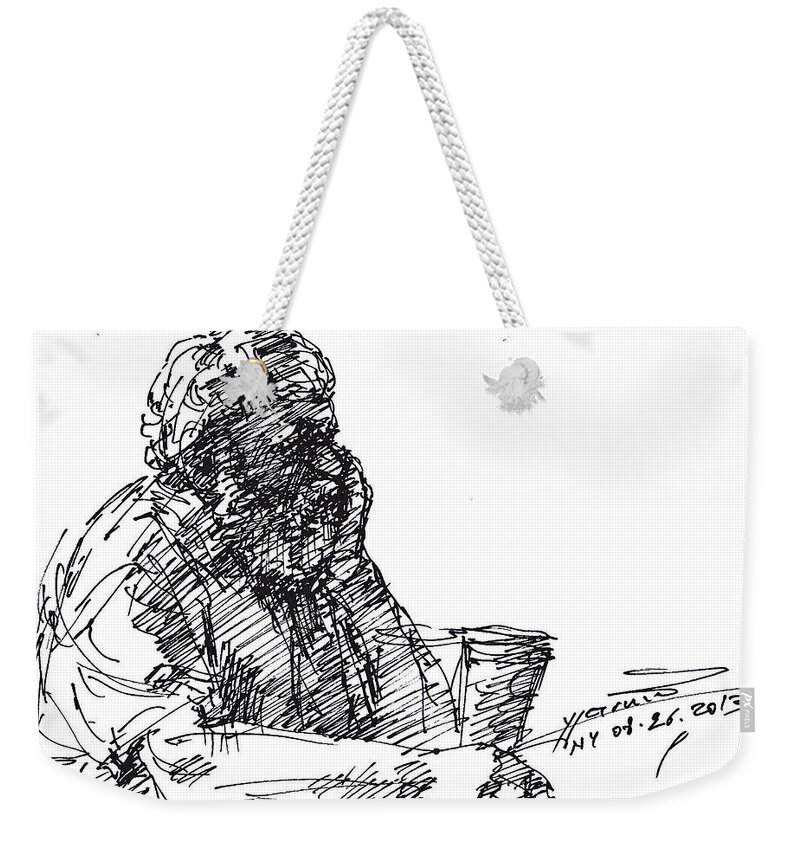 At Tim Hortons Weekender Tote Bag featuring the drawing At Tim Hortons by Ylli Haruni
