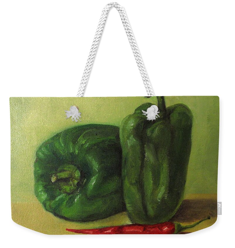 Still Life Painting Of Vegetables Weekender Tote Bag featuring the painting Capsicum and red chilli #2 by Asha Sudhaker Shenoy
