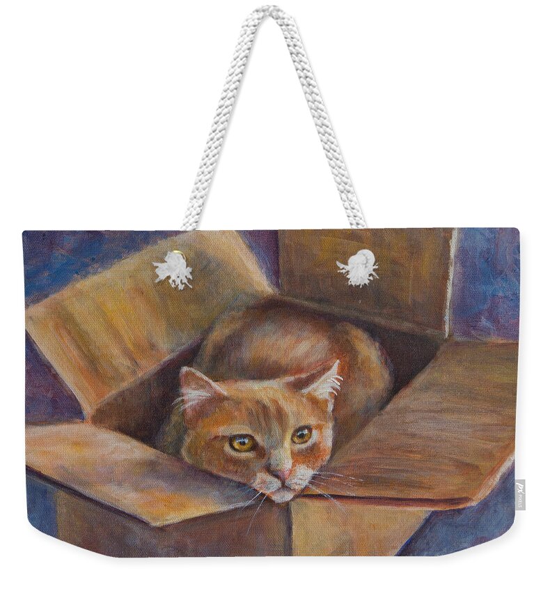Yellow Cat Weekender Tote Bag featuring the painting Cat in the Box by Jana Baker