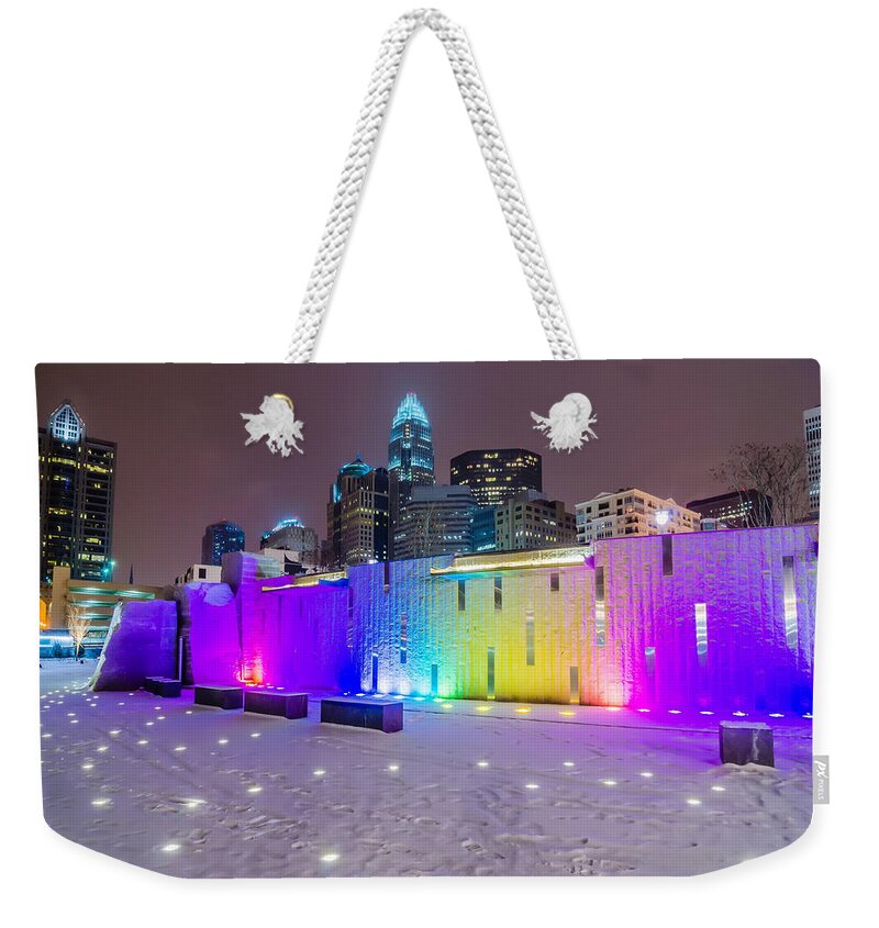 Charlotte Weekender Tote Bag featuring the photograph Charlotte Queen City Skyline Near Romare Bearden Park In Winter Snow #2 by Alex Grichenko