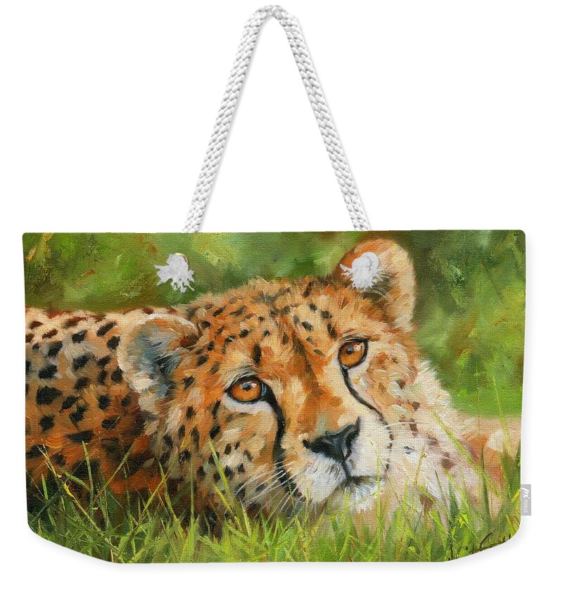 Cheetah Weekender Tote Bag featuring the painting Cheetah #3 by David Stribbling