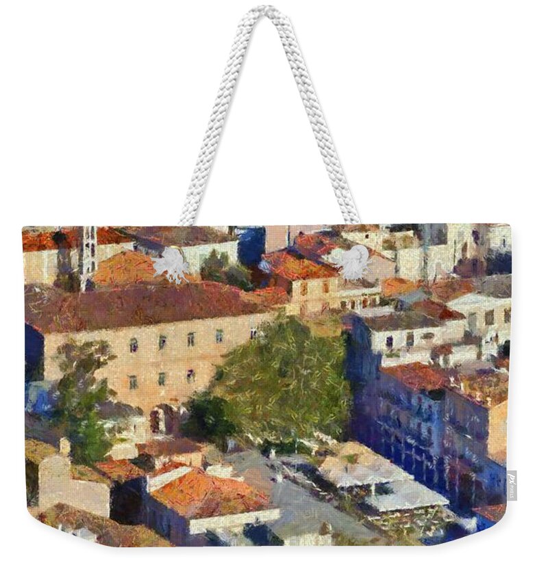 Nafplio; Old; City; Town; House; Houses; Color; Colour; Colorful; Colourful; Peloponnesus; Peloponnese; Argolis; Argolida; Greece; Greek; Hellas; Europe; European; Sea; Blue; Paint; Painting; Paintings Weekender Tote Bag featuring the painting City of Nafplio #2 by George Atsametakis