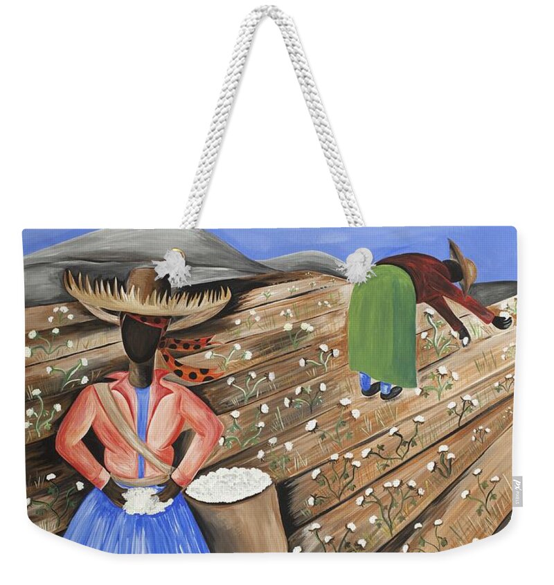 Gullah Art Weekender Tote Bag featuring the painting Cotton Pickin' Cotton by Patricia Sabreee
