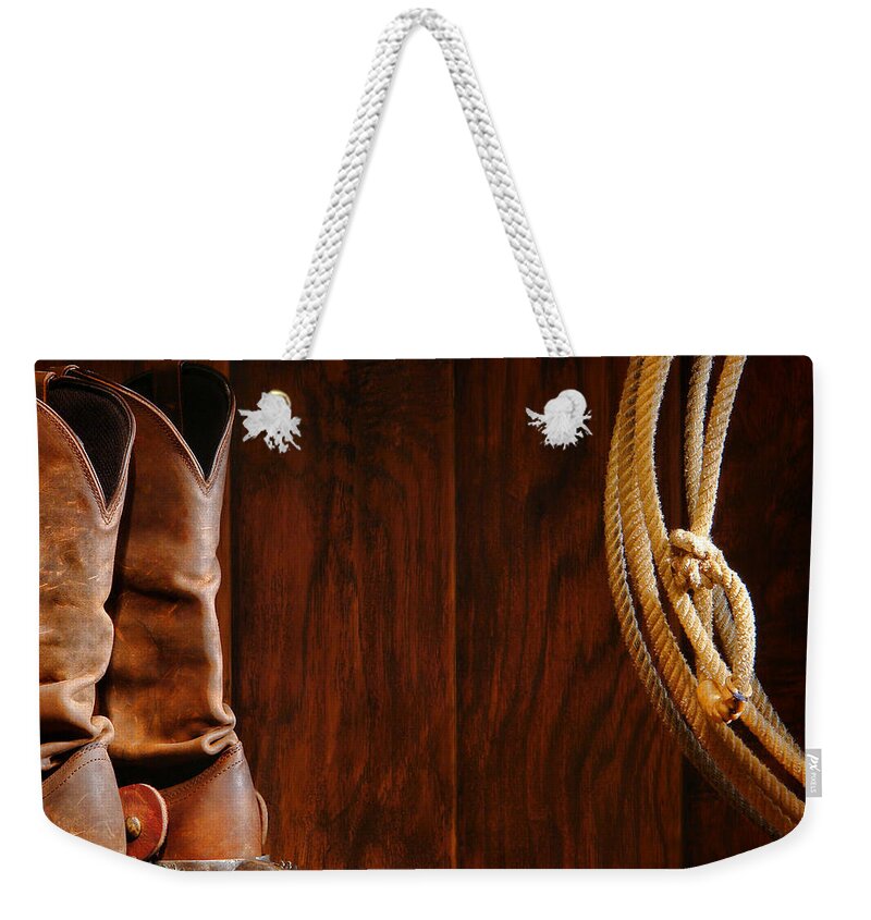 Western Weekender Tote Bag featuring the photograph Cowboy Boots and Lasso Lariat #2 by Olivier Le Queinec