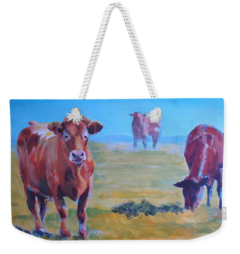 Ruby Red Cow Painting Weekender Tote Bag featuring the painting Cows #5 by Mike Jory