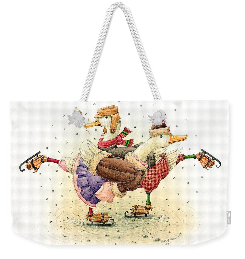 Christmas Greeting Cards Winter Ducks White Holiday Ice Weekender Tote Bag featuring the painting Ducks Christmas #3 by Kestutis Kasparavicius