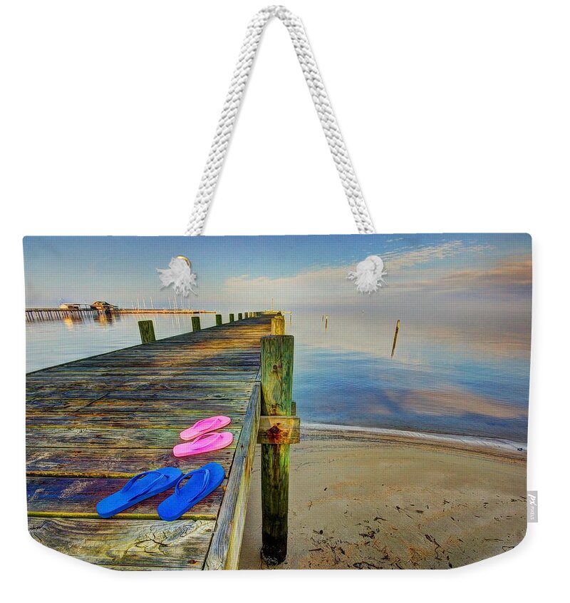 Alabama Weekender Tote Bag featuring the photograph Flip Flops on the Dock #2 by Michael Thomas