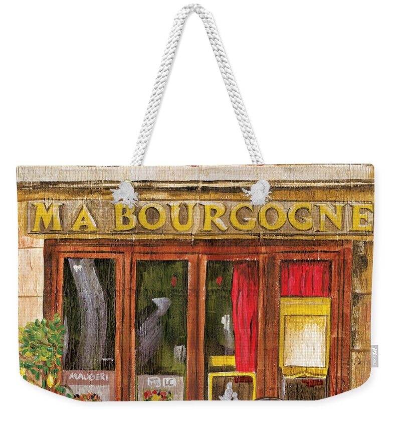 Restaurant Weekender Tote Bag featuring the painting French Storefront 1 by Debbie DeWitt