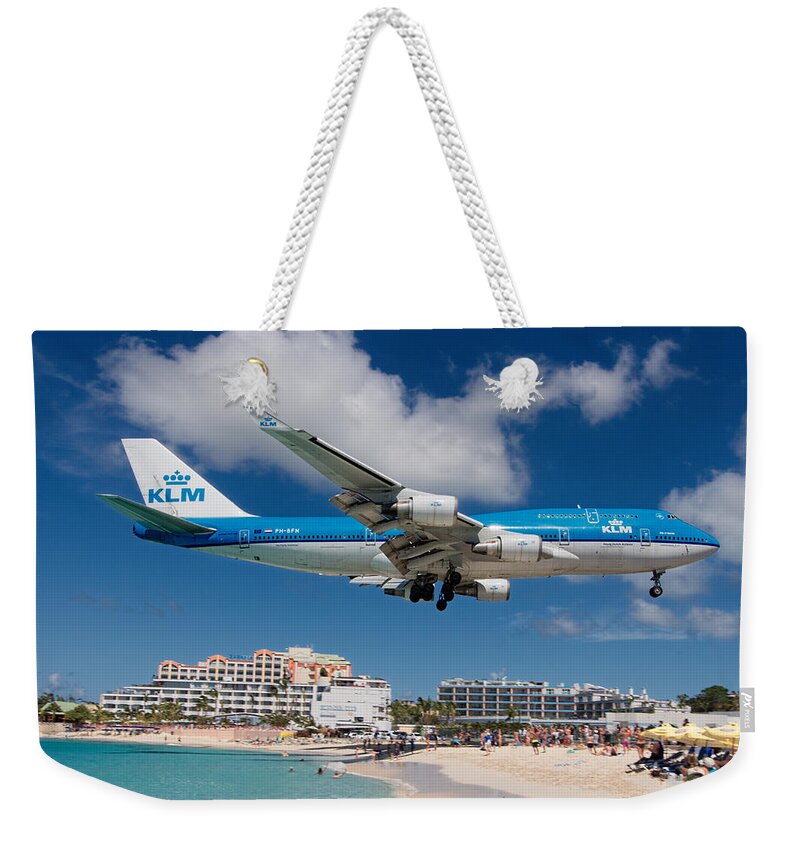 Klm Weekender Tote Bag featuring the photograph K L M landing at St. Maarten #1 by David Gleeson