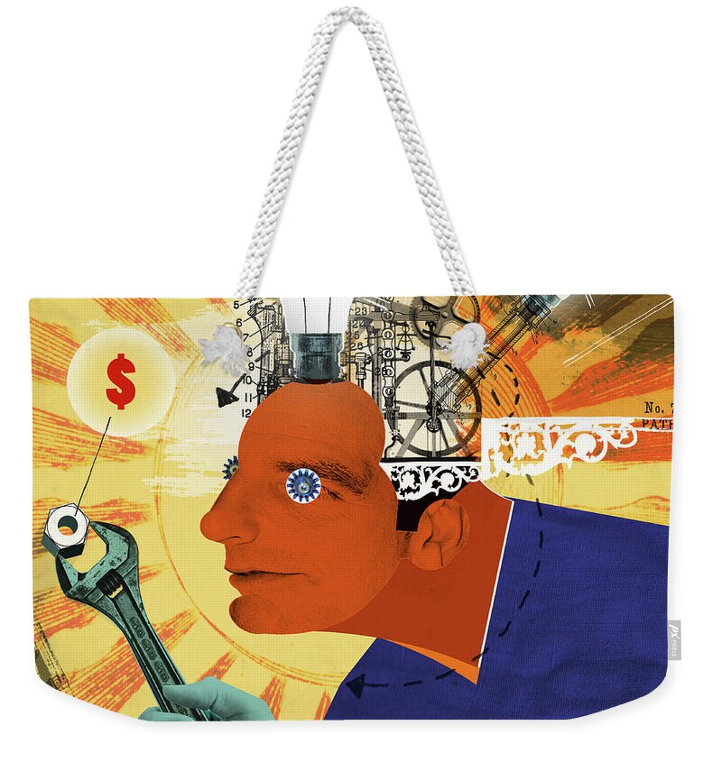 30-35 Weekender Tote Bag featuring the photograph Light Bulbs And Cogs Inside Of Head #2 by Ikon Ikon Images