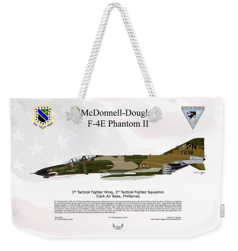 Mcdonnell Douglas Weekender Tote Bag featuring the digital art McDonnell Douglas F-4E Phantom II FLAG BACKGROUND by Arthur Eggers