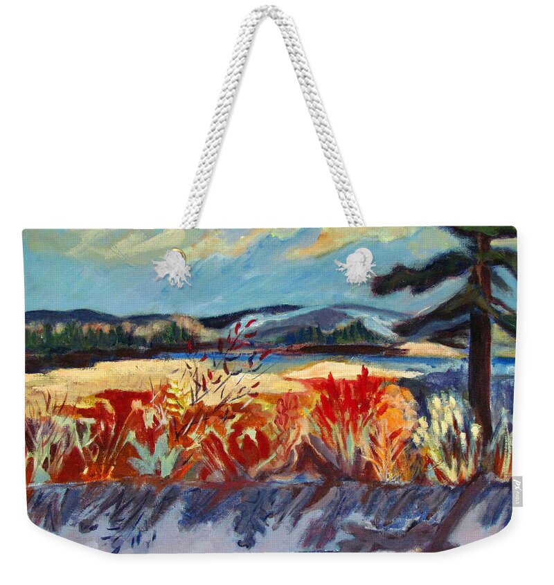 Farm Land Weekender Tote Bag featuring the painting Moon On Farm Land by Betty Pieper