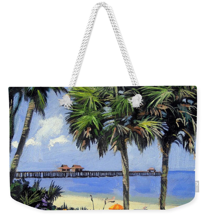Christine Hopkins Weekender Tote Bag featuring the painting Naples Pier Naples Florida by Christine Hopkins