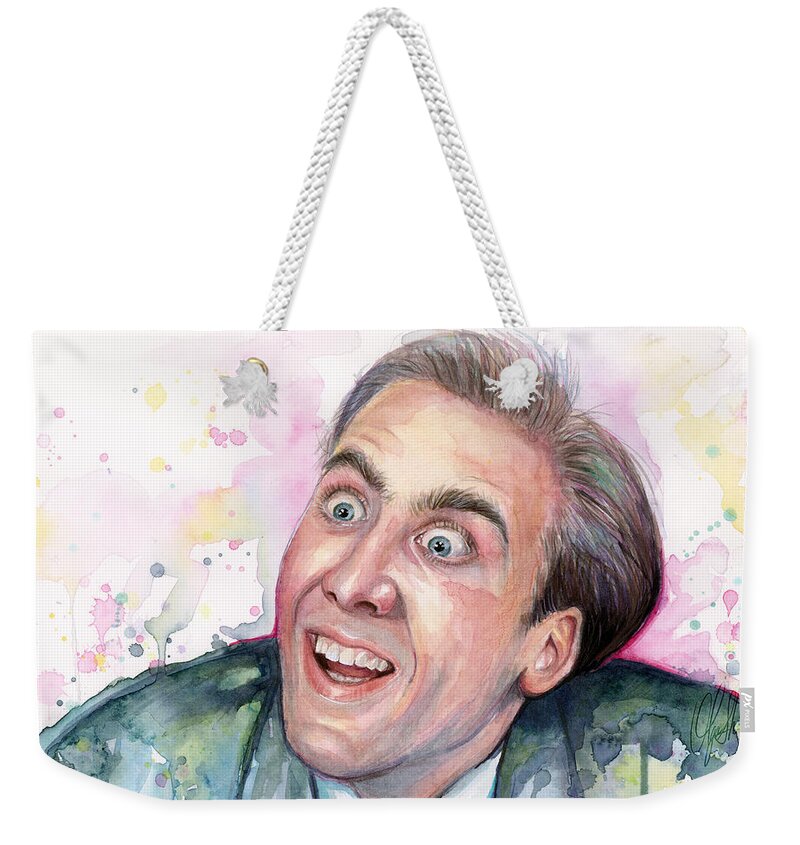 Nic Cage Weekender Tote Bag featuring the painting Nicolas Cage You Don't Say Watercolor Portrait by Olga Shvartsur