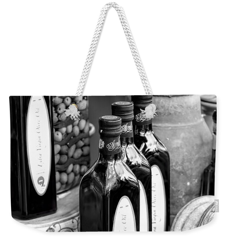 Still Life Weekender Tote Bag featuring the photograph Olives and Olive Oil #2 by Bill Dodsworth