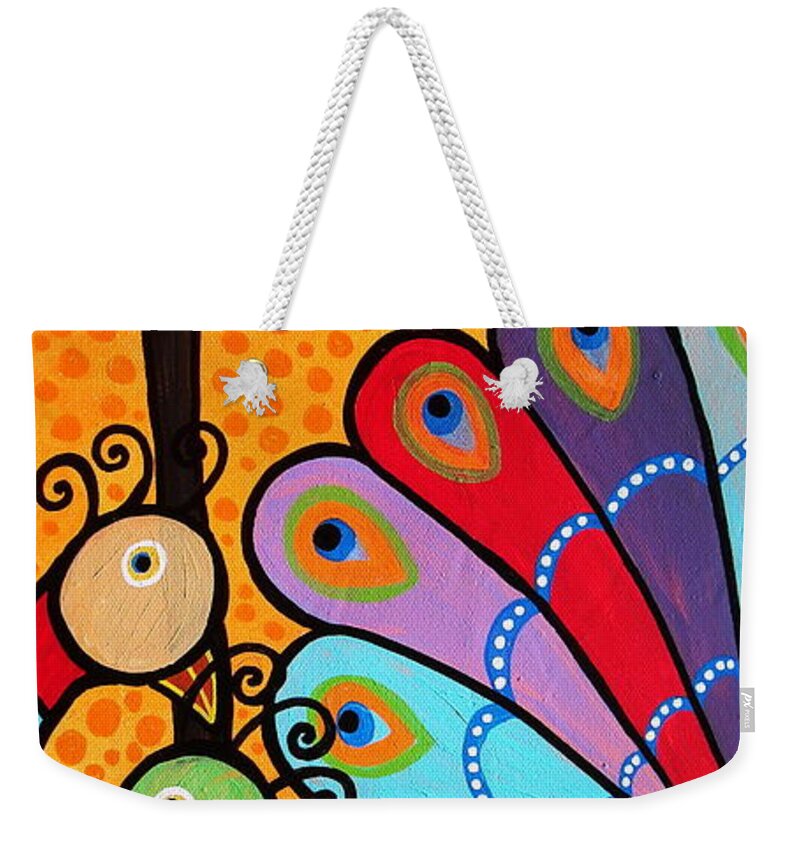 Abstract Weekender Tote Bag featuring the painting 2 Peacocks And Tree by Pristine Cartera Turkus