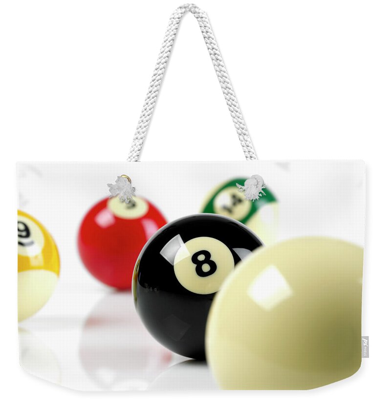 Five Objects Weekender Tote Bag featuring the photograph Pool Balls #2 by Maria Toutoudaki