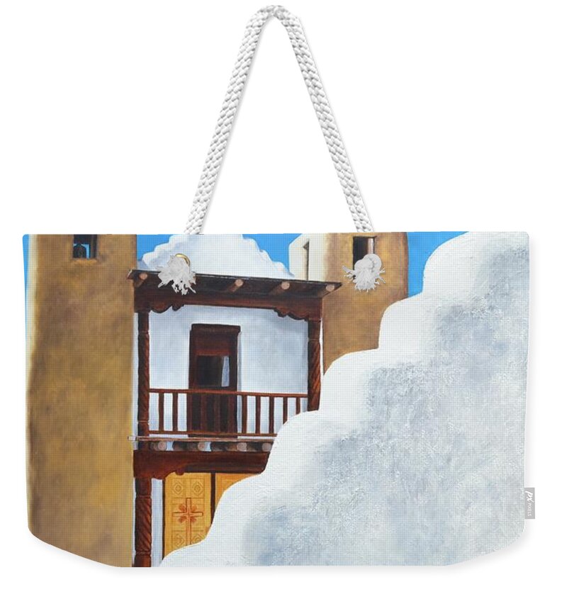 Mission Weekender Tote Bag featuring the painting Pueblo Mission by Mary Rogers