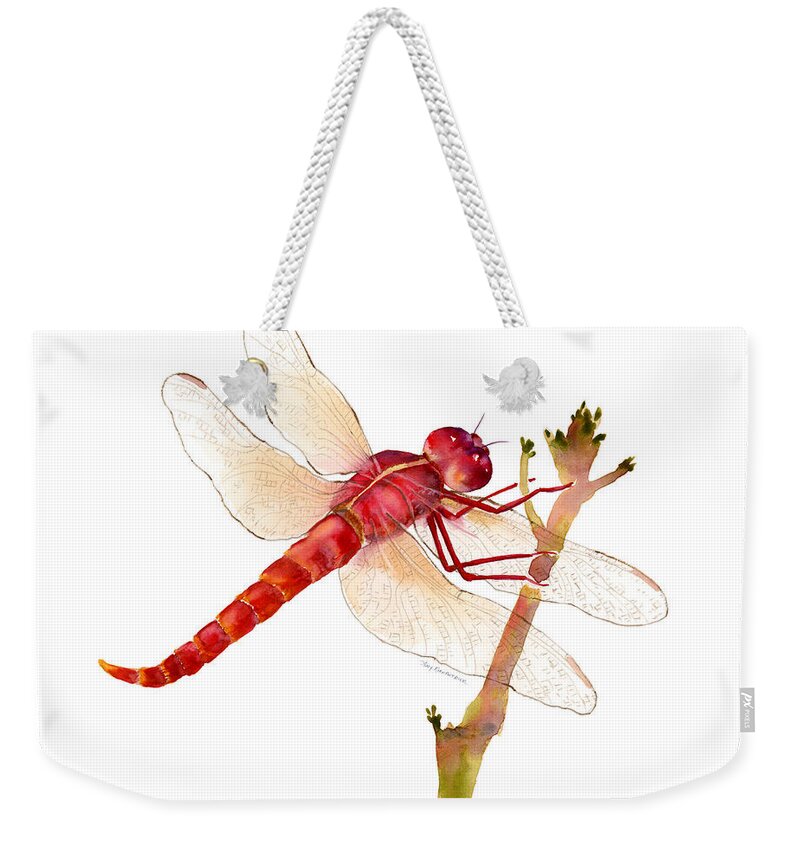 Red Weekender Tote Bag featuring the painting Red Dragonfly by Amy Kirkpatrick