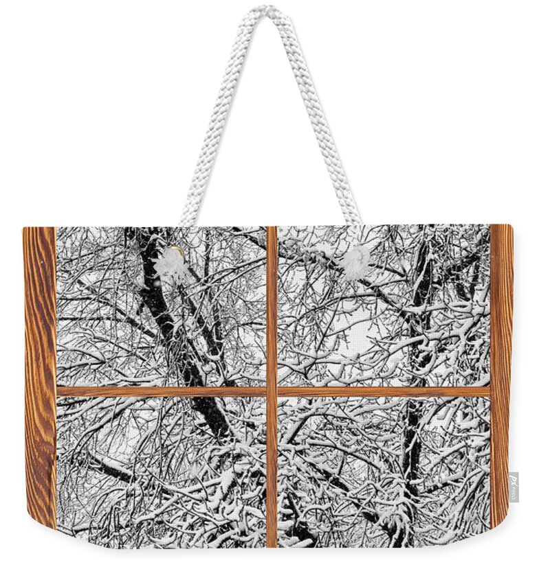 Windows Weekender Tote Bag featuring the photograph Snowy Tree Branches Barn Wood Picture Window Frame View #2 by James BO Insogna