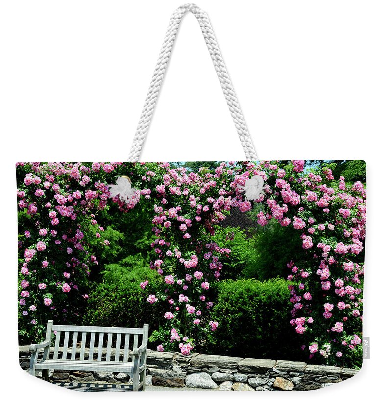 Pink Rose Garden Weekender Tote Bag featuring the photograph Pink Rose Garden by Crystal Wightman